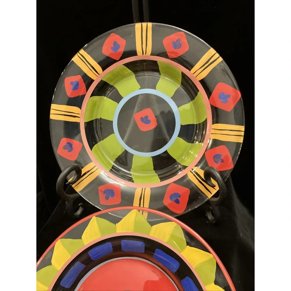 Clear Art Glass Hand Painted Vibrant Colorful Display or Dinner Plates Set of 2